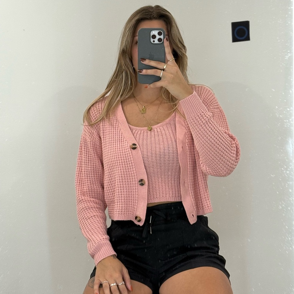 Elegant Pink Knit Cardigan and Tank Set
